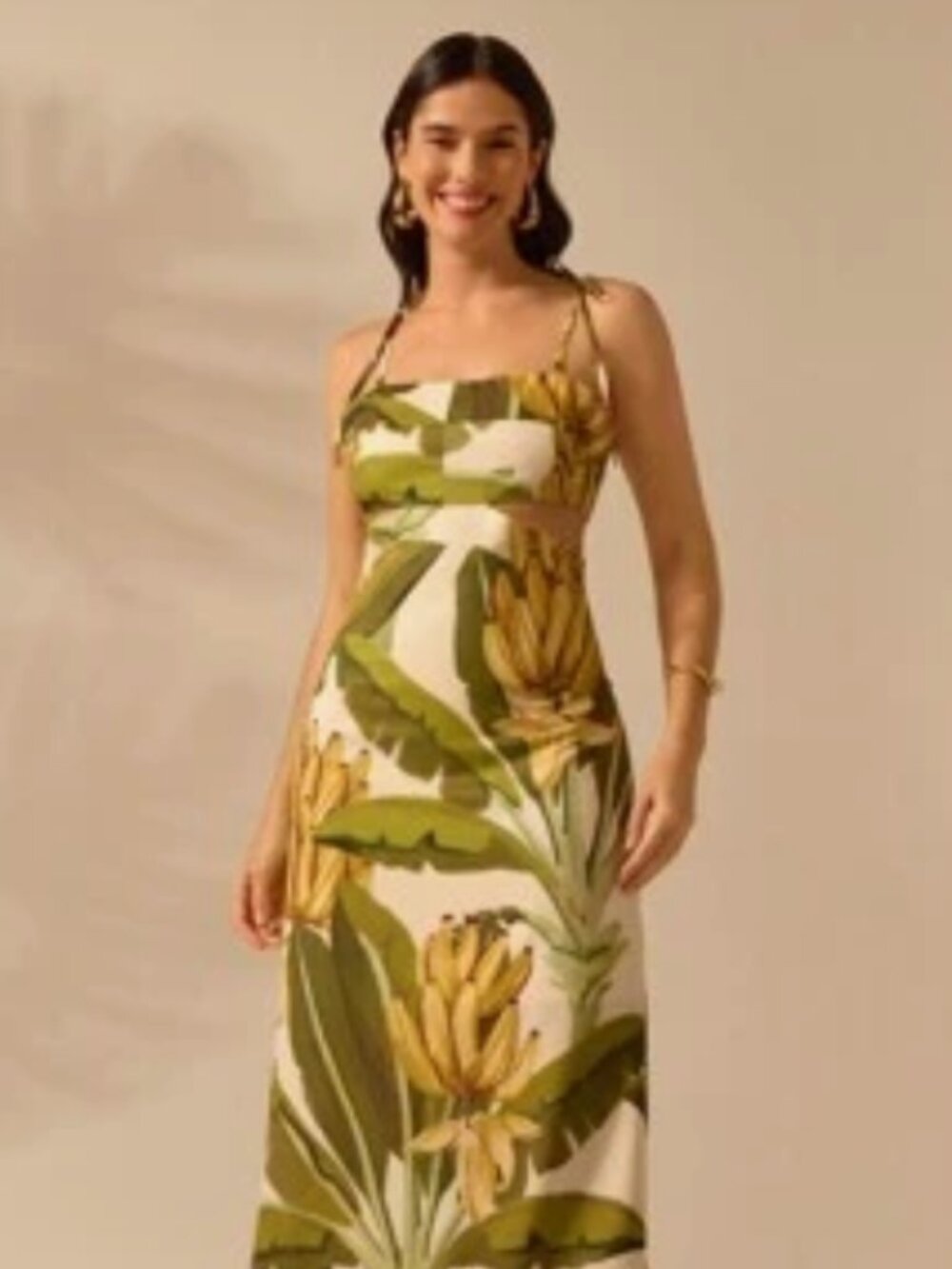 Women's Yellow Banana Tree Sleeveless Tie Strap Maxi Dress, XS (NEW)